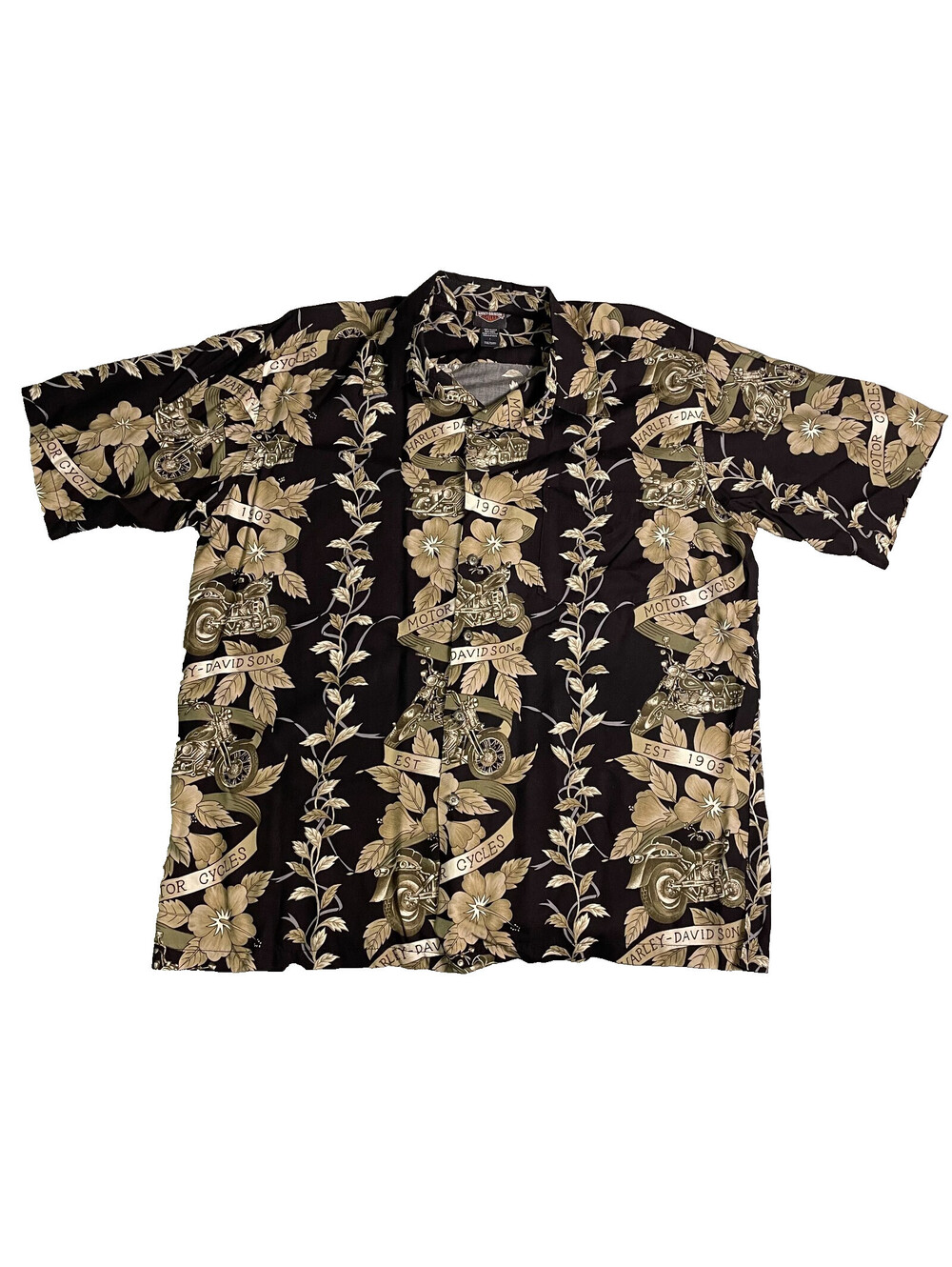 Harley Davidson Button Up Shirt Mens L Black Floral Motorcycles Hawaiian Resort